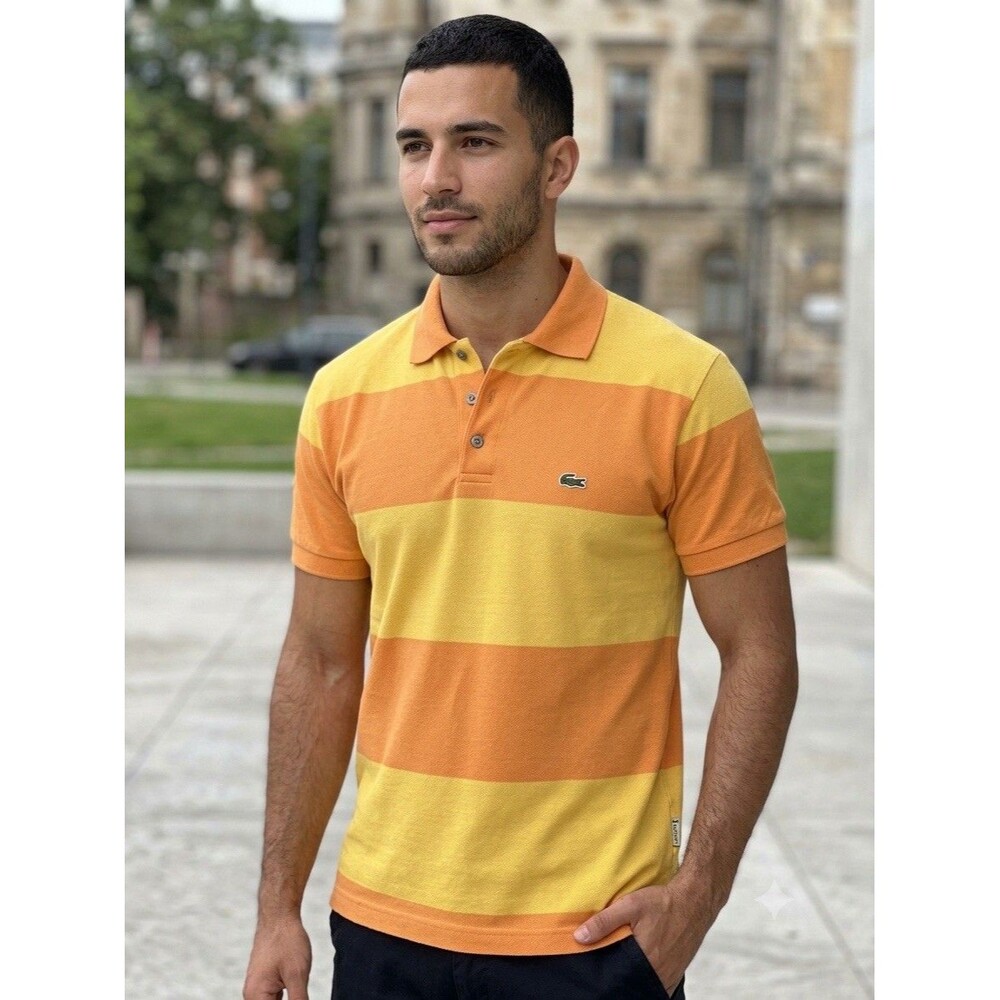Lacoste Polo Shirt Mens XL Yellow Orange Stripe Vintage Short Sleeve Crocodile